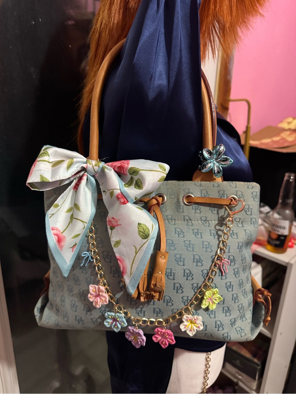 Dooney & Bourke Blue Monogram Tote with Floral Charm Chain and Bow